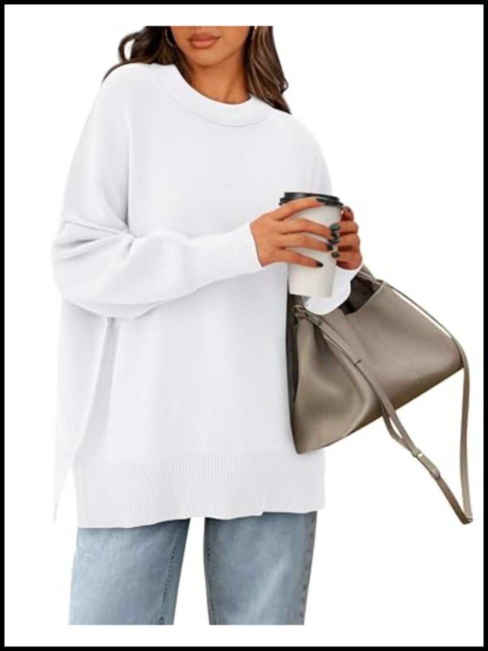 Oversized Chunky Knit Crewneck Pullover Sweater Side Slit Long Sleeve